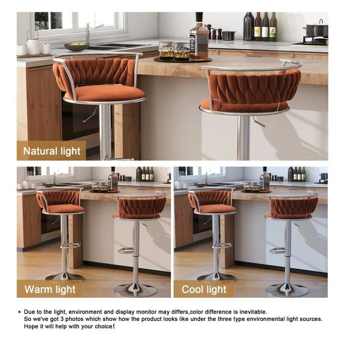 SERENITa Silver Swivel Upholstered Velvet Adjustable Height Counter Stool with Metal Frame Orange (Set of 2) V255-GP2311R-ORANGE