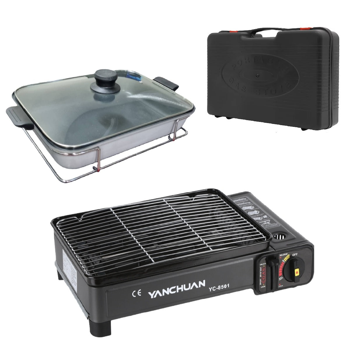 Portable Gas Stove Burner Butane BBQ Camping Gas Cooker With Non Stick Plate Black with Fish Pan and Lid V255-JYT-001-BK