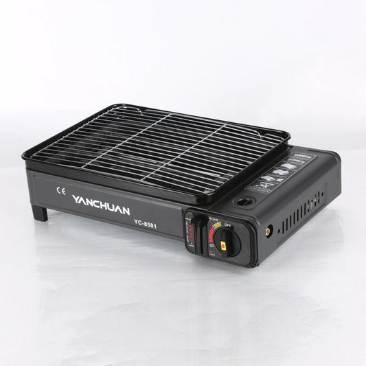 Portable Gas Stove Burner Butane BBQ Camping Gas Cooker With Non Stick Plate Black with Fish Pan and Lid V255-JYT-001-BK