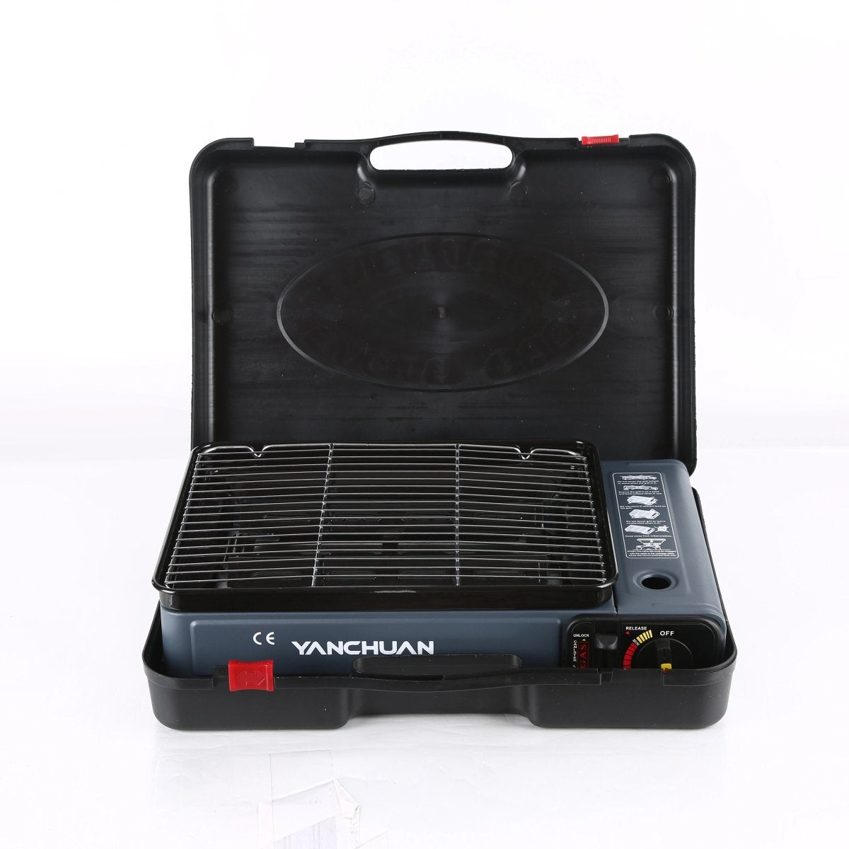 Portable Gas Stove Burner Butane BBQ Camping Gas Cooker With Non Stick Plate Black with Fish Pan and Lid V255-JYT-001-BK