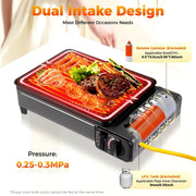 Portable Gas Stove Burner Butane BBQ Camping Gas Cooker With Non Stick Plate Black with Fish Pan and Lid V255-JYT-001-BK