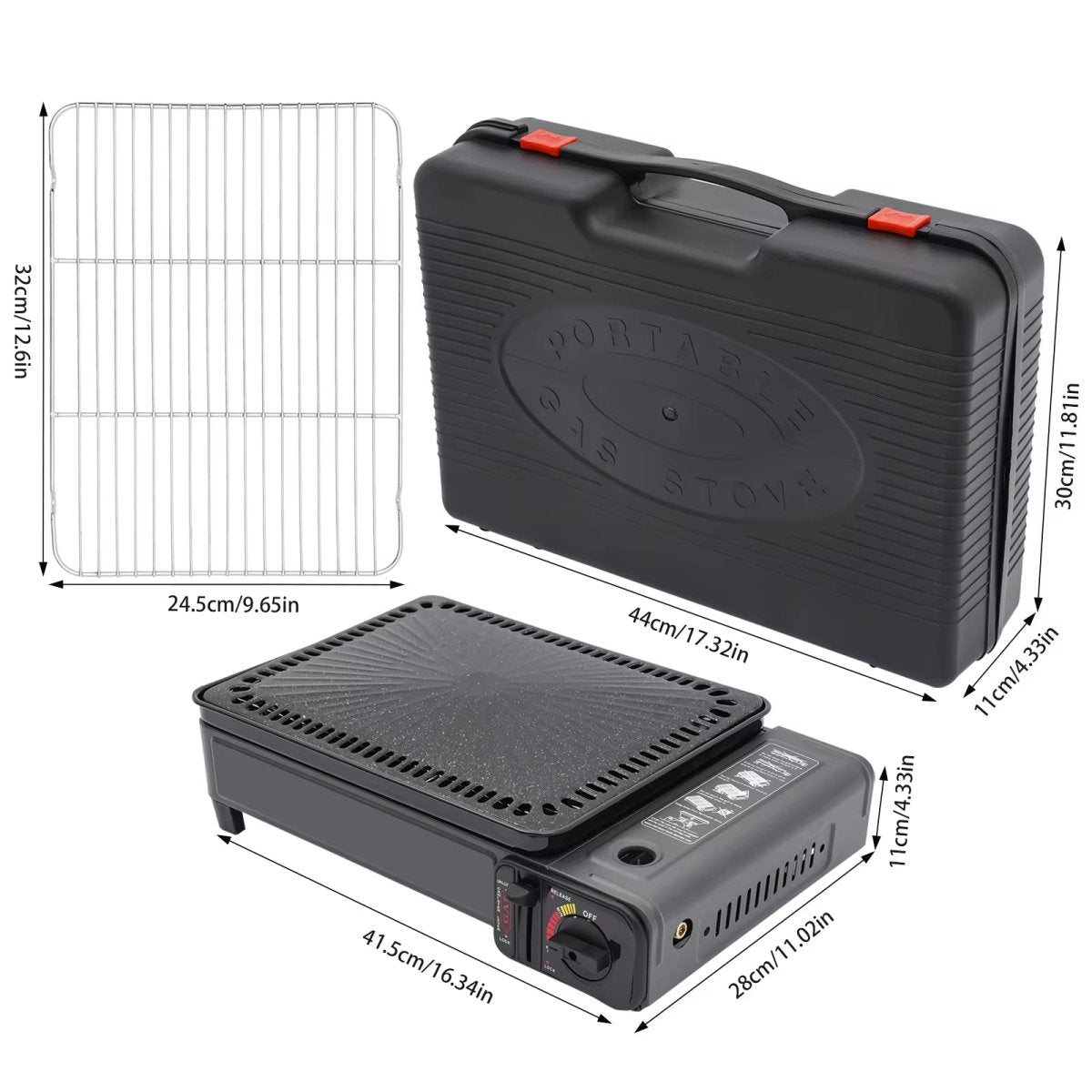Portable Gas Stove Burner Butane BBQ Camping Gas Cooker With Non Stick Plate Black with Fish Pan and Lid V255-JYT-001-BK