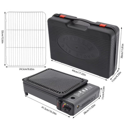 Portable Gas Stove Burner Butane BBQ Camping Gas Cooker With Non Stick Plate Black with Fish Pan and Lid V255-JYT-001-BK