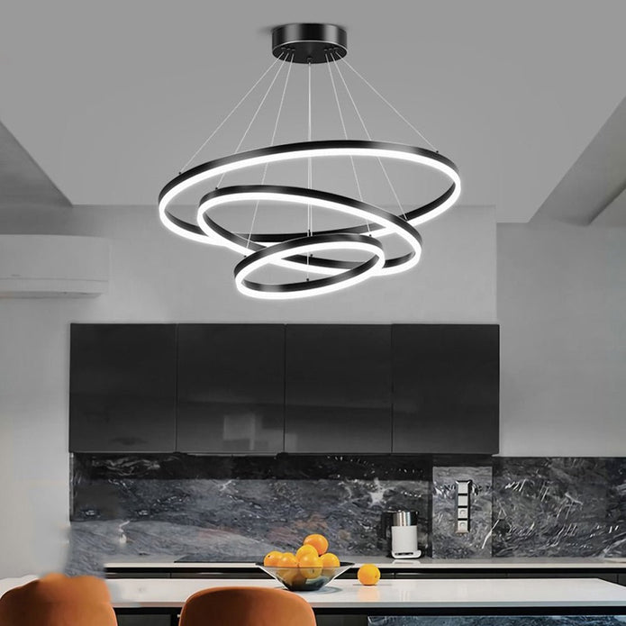 Black 5 Rings Minimalist LED Pendant Light Adjustable Circular Chandelier V255-L-18815-B-24680