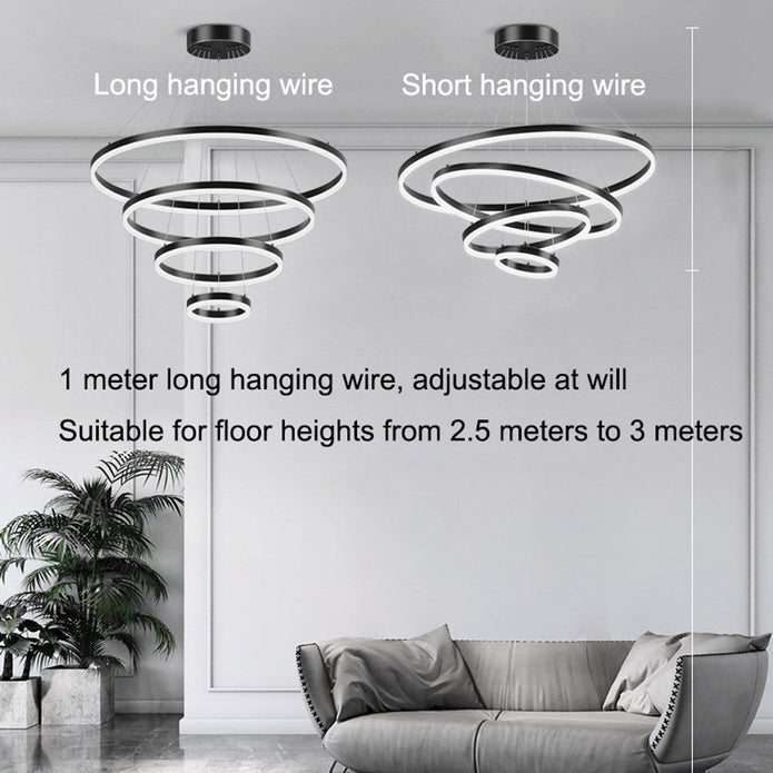 Black 5 Rings Minimalist LED Pendant Light Adjustable Circular Chandelier V255-L-18815-B-24680