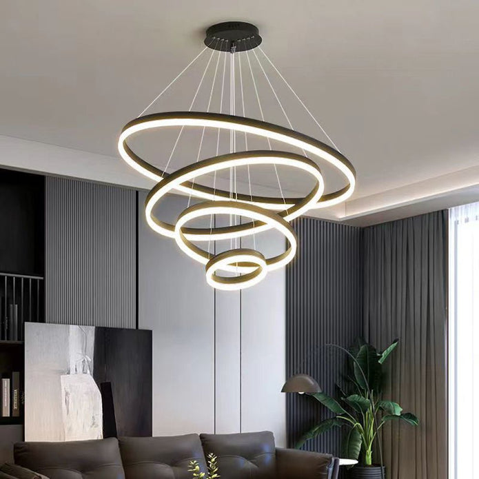 Black 5 Rings Minimalist LED Pendant Light Adjustable Circular Chandelier V255-L-18815-B-24680