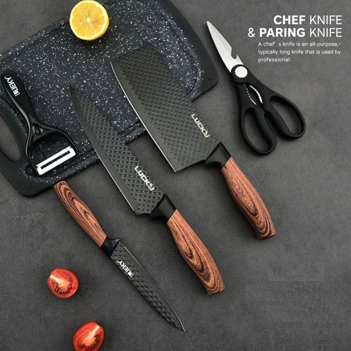 6 pieces Kitchen Knife Set Everich Chef Knives Stainless Steel Nonstick Scissor Cutting Board V255-LK-CB02
