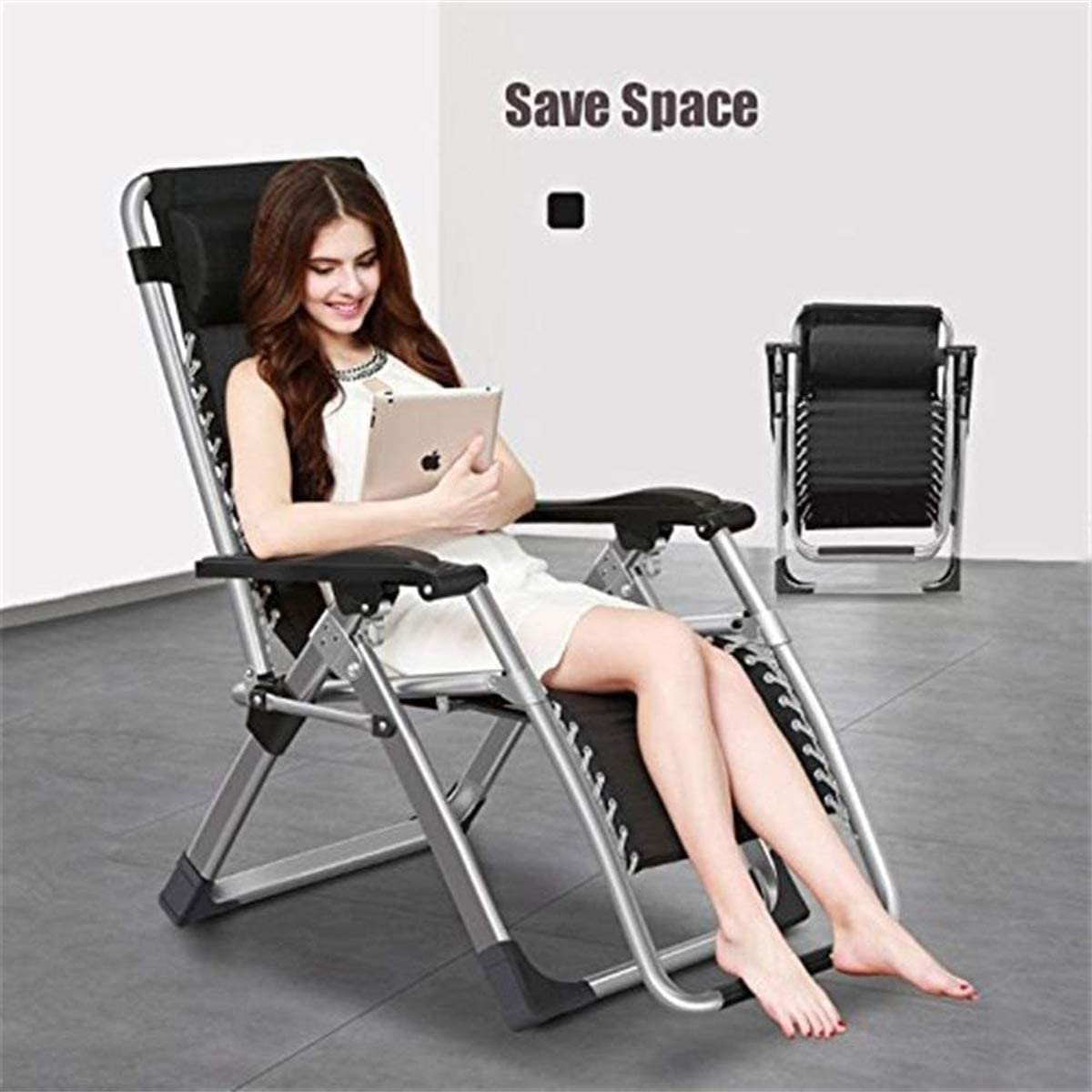 Kingsize Outdoor Folding Reclining Garden Beach Chair Sun Lounger Deck Recliner Silver Color V255-RECLINERCHAIR-BK