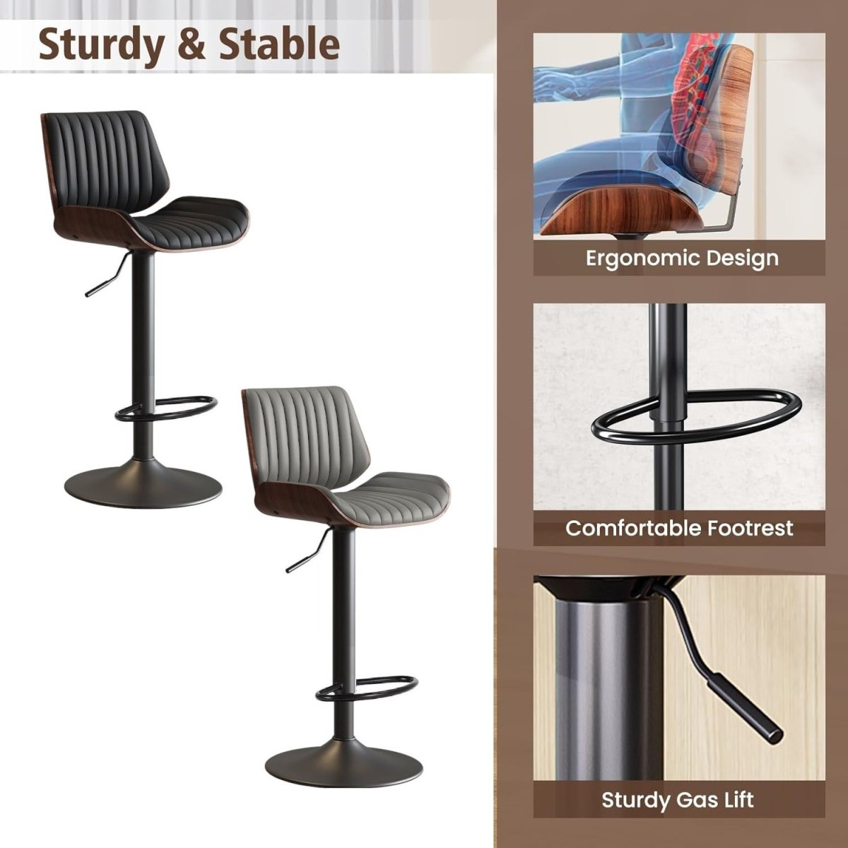 SERENITa European Wooden Modern Bar Stools Bistro Stool with Rotating and Aerodynamic Multi-levelled (Grey) V255-SE-BS5518-GREY