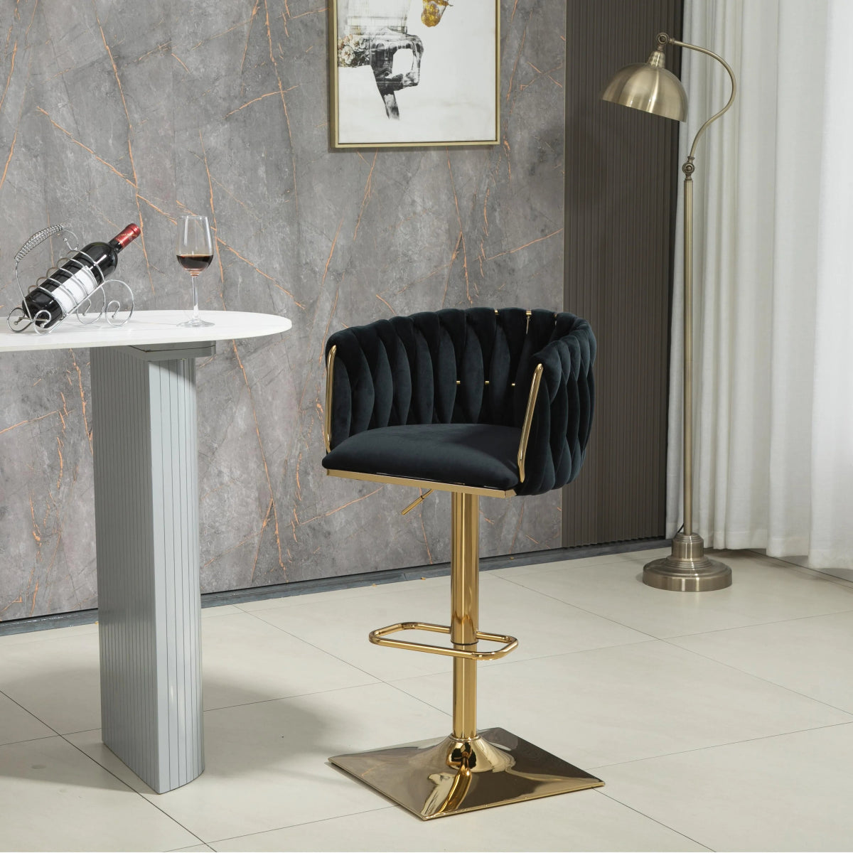 SERENITa Modern Velvet Breakfast Bar Stools Swivel Barstools Adjustable Counter Stools with Backrest Set of 2 V255-SE-GP1782-BLACK