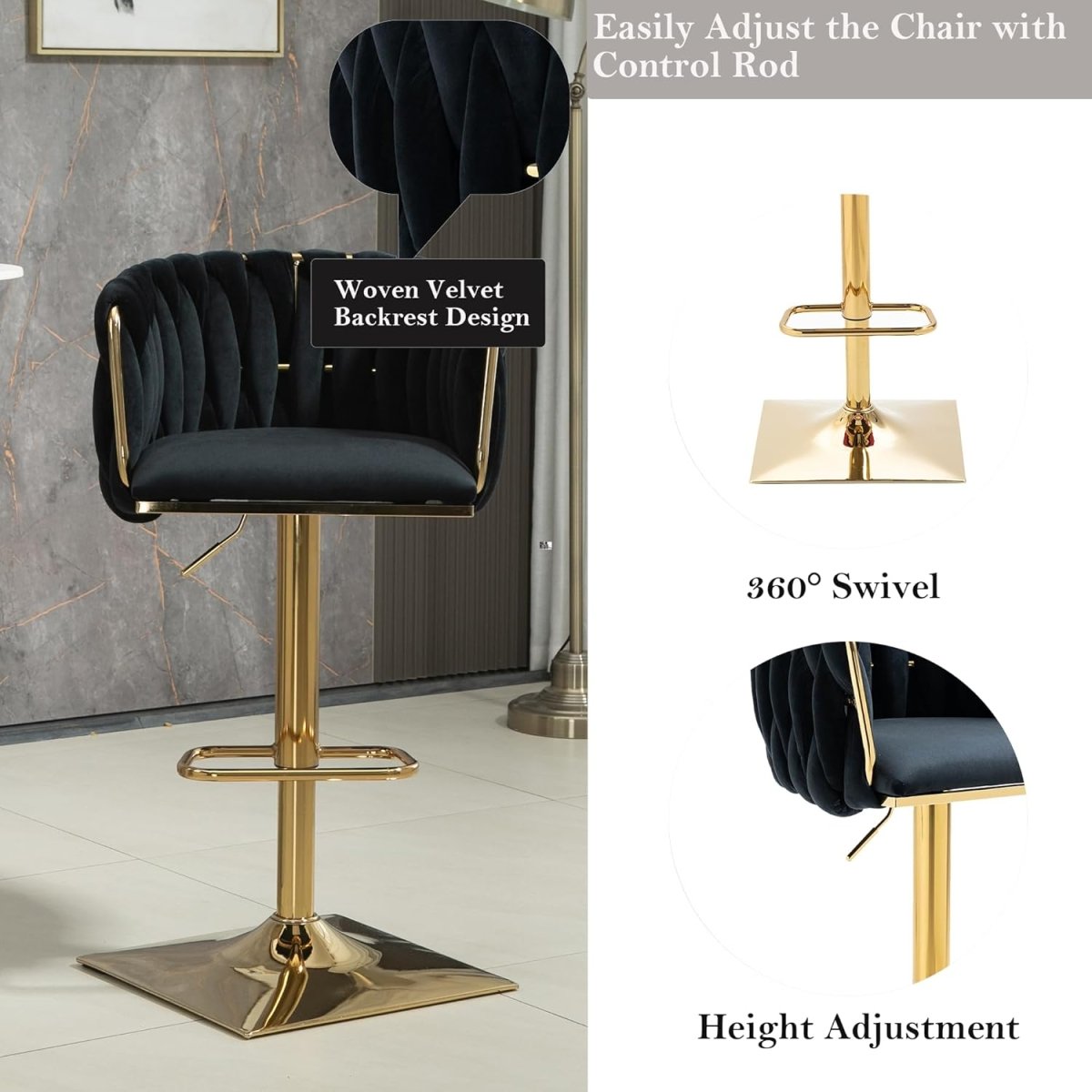 SERENITa Modern Velvet Breakfast Bar Stools Swivel Barstools Adjustable Counter Stools with Backrest Set of 2 V255-SE-GP1782-BLACK