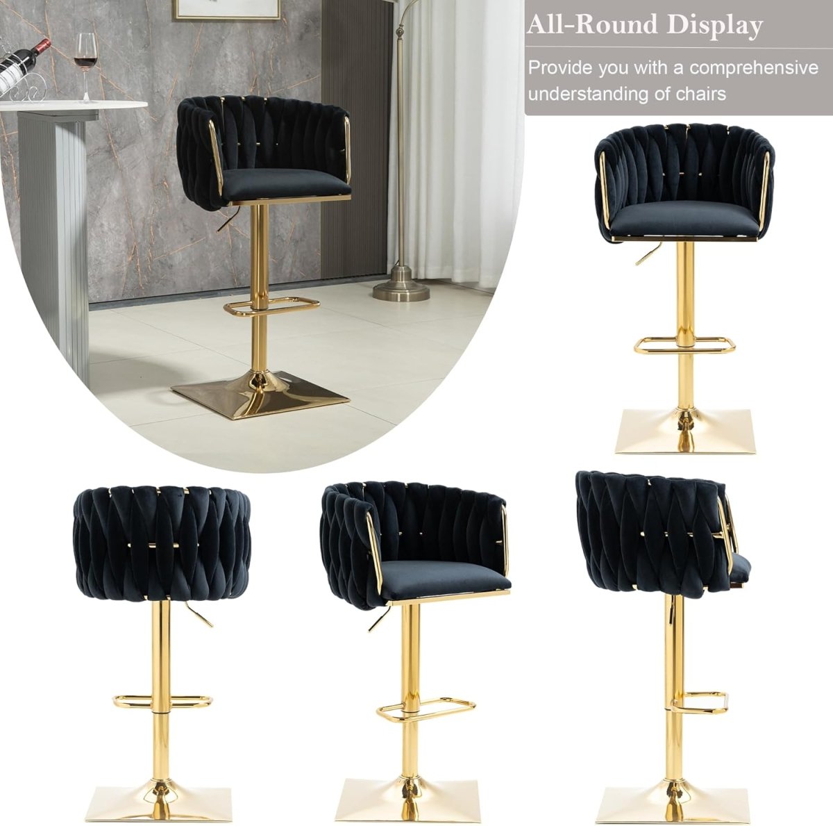 SERENITa Modern Velvet Breakfast Bar Stools Swivel Barstools Adjustable Counter Stools with Backrest Set of 2 V255-SE-GP1782-BLACK