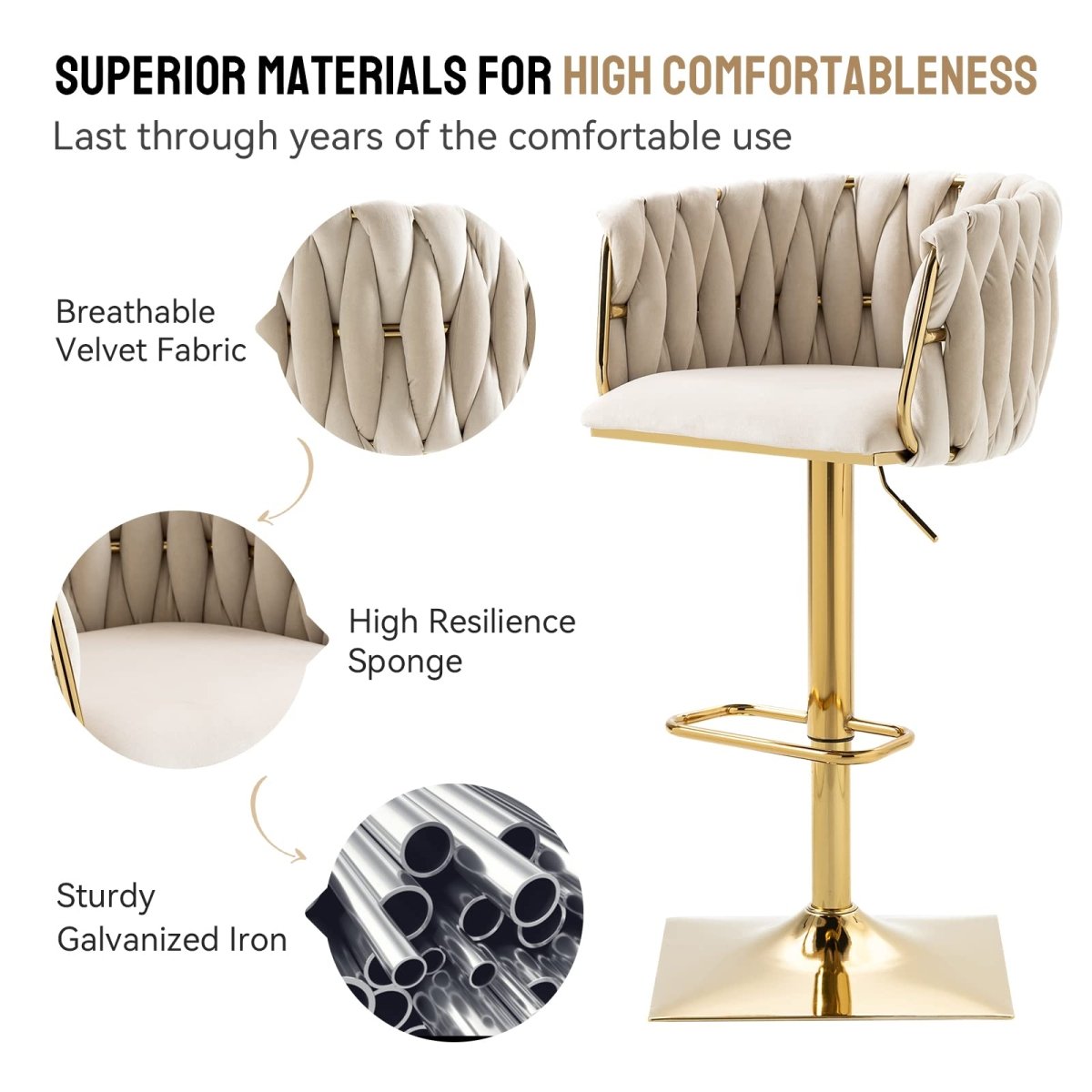 SERENITa Modern Velvet Breakfast Bar Stools Swivel Barstools Adjustable Counter Stools with Backrest Set of 2 V255-SE-GP1782-IVORY