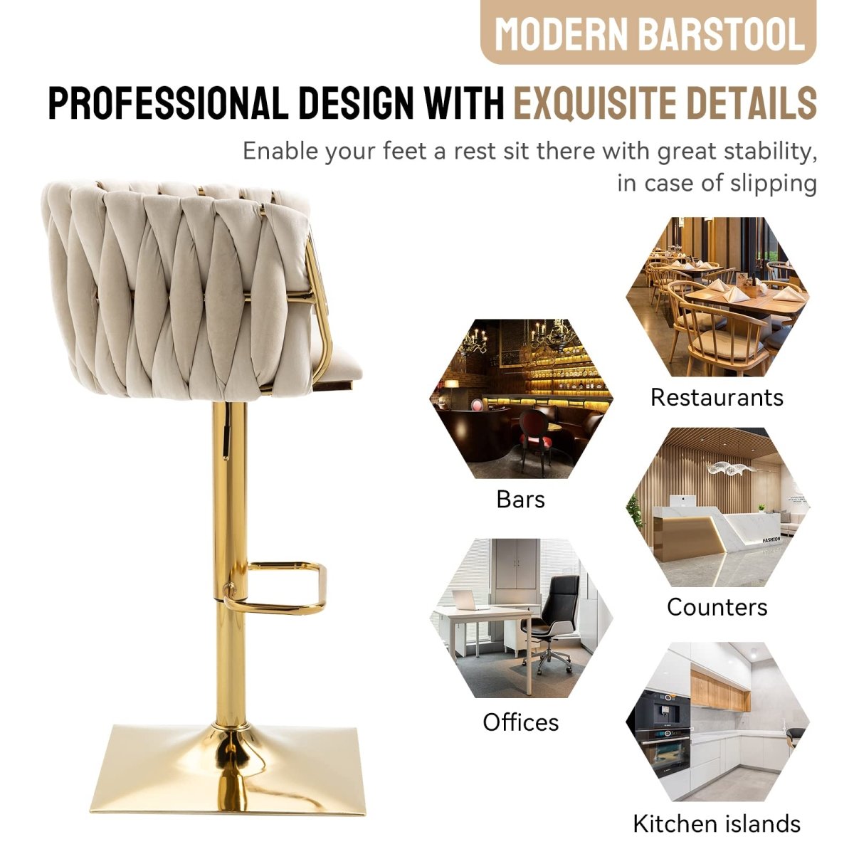 SERENITa Modern Velvet Breakfast Bar Stools Swivel Barstools Adjustable Counter Stools with Backrest Set of 2 V255-SE-GP1782-IVORY
