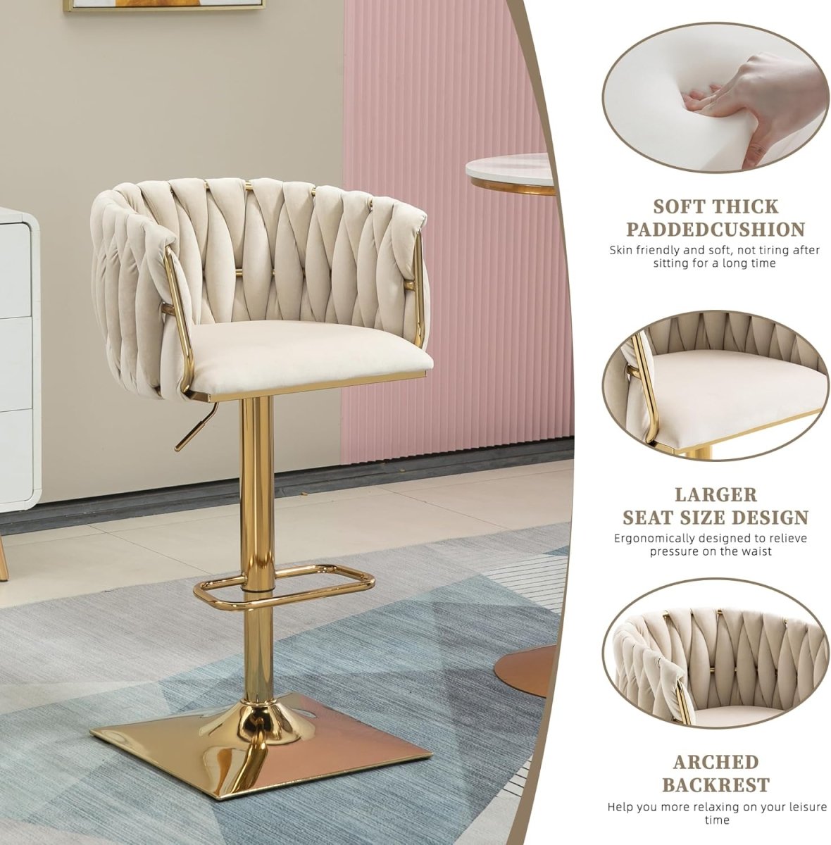 SERENITa Modern Velvet Breakfast Bar Stools Swivel Barstools Adjustable Counter Stools with Backrest Set of 2 V255-SE-GP1782-IVORY