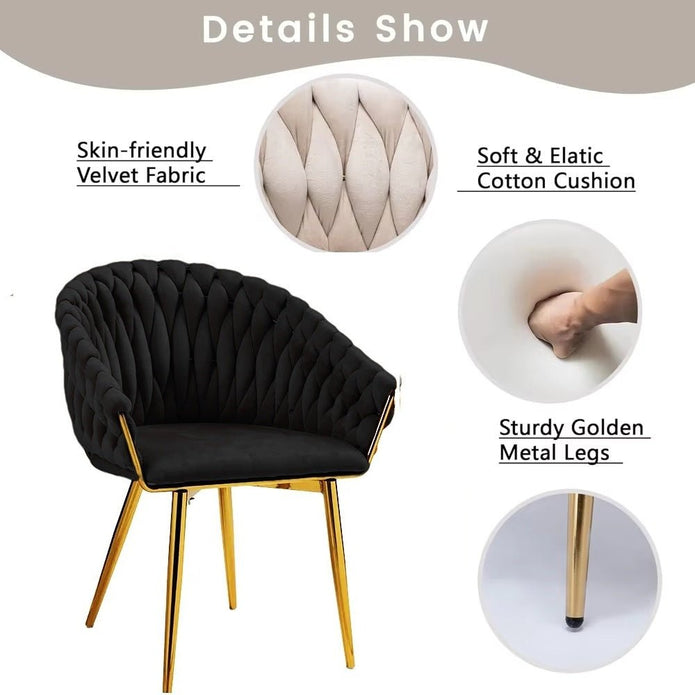 SERENITa Black Modern Velvet Dining Chairs, Upholstered Living Room Chair with Woven Back and Golden Metal V255-SE-GP1801-DC-BLACK