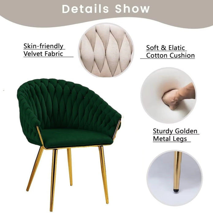 SERENITa Emerald Green Modern Velvet Dining Chairs, Upholstered Living Room Chair with Woven Back and Golden V255-SE-GP1801-DC-EGREEN
