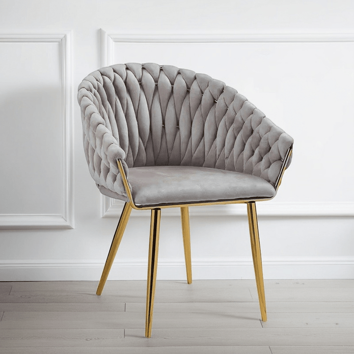 SERENITa Grey Modern Velvet Dining Chairs, Upholstered Living Room Chair with Woven Back and Golden Metal V255-SE-GP1801-DC-GREY