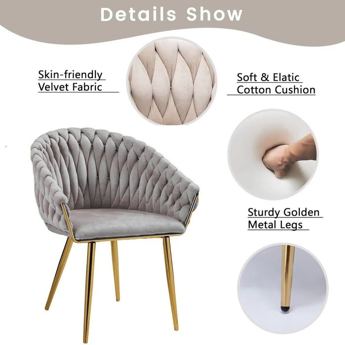 SERENITa Grey Modern Velvet Dining Chairs, Upholstered Living Room Chair with Woven Back and Golden Metal V255-SE-GP1801-DC-GREY