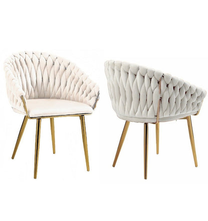 SERENITa Ivory Modern Velvet Dining Chairs, Upholstered Living Room Chair with Woven Back and Golden Metal V255-SE-GP1801-DC-IVORY