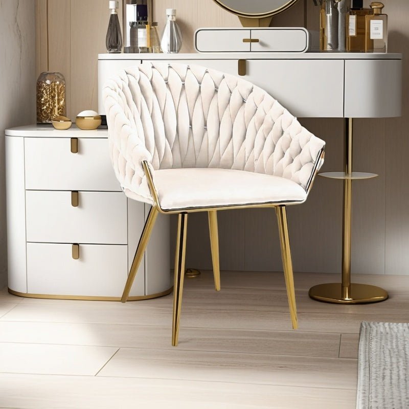 SERENITa Ivory Modern Velvet Dining Chairs, Upholstered Living Room Chair with Woven Back and Golden Metal V255-SE-GP1801-DC-IVORY