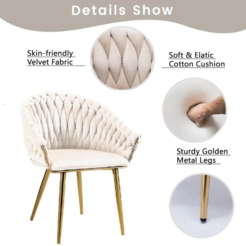 SERENITa Ivory Modern Velvet Dining Chairs, Upholstered Living Room Chair with Woven Back and Golden Metal V255-SE-GP1801-DC-IVORY