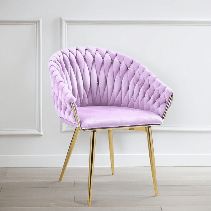 SERENITa Pink Modern Velvet Dining Chairs, Upholstered Living Room Chair with Woven Back and Golden Metal V255-SE-GP1801-DC-PINK