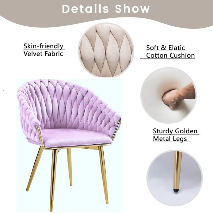 SERENITa Pink Modern Velvet Dining Chairs, Upholstered Living Room Chair with Woven Back and Golden Metal V255-SE-GP1801-DC-PINK