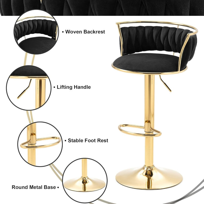 SERENITa Golden Swivel Upholstered Velvet Adjustable Height Counter Stool with Metal Frame Black (Set of 2) V255-SE-GP2312R-BLACK