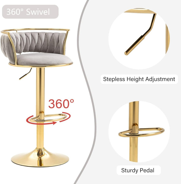 SERENITa Golden Swivel Upholstered Velvet Adjustable Height Counter Stool with Metal Frame Grey (Set of 2) V255-SE-GP2312R-GREY