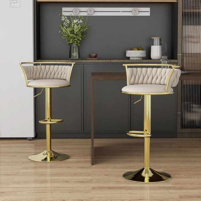 SERENITa Golden Swivel Upholstered Velvet Adjustable Height Counter Stool with Metal Frame Ivory (Set of 2) V255-SE-GP2312R-IVORY