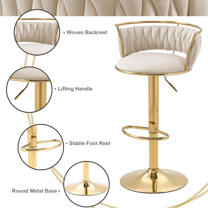 SERENITa Golden Swivel Upholstered Velvet Adjustable Height Counter Stool with Metal Frame Ivory (Set of 2) V255-SE-GP2312R-IVORY