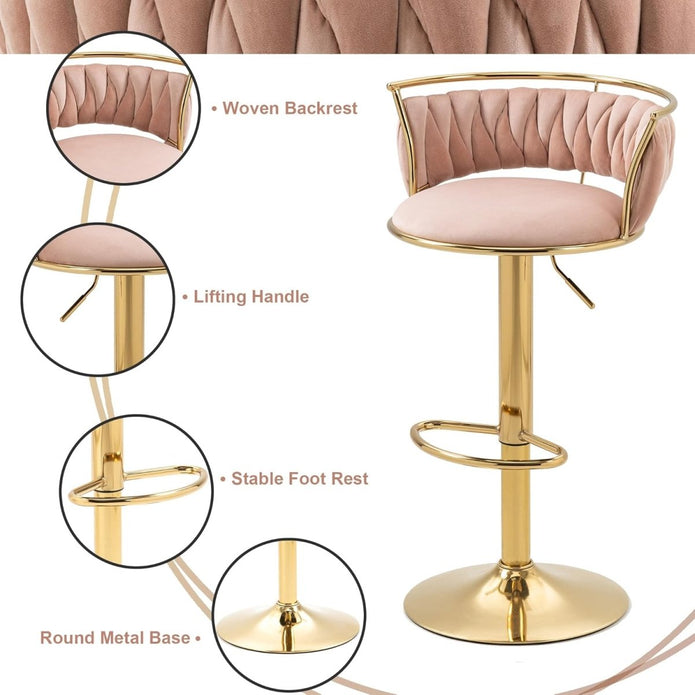 SERENITa Golden Swivel Upholstered Velvet Adjustable Height Counter Stool with Metal Frame Pink (Set of 2) V255-SE-GP2312R-PINK