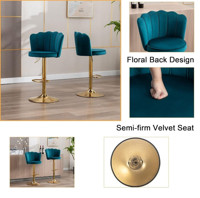 SERENITa Swivel Bar Stools Bar Height Set of 2 Adjustable Upholstered Counter Barstool Velvet Bar Chairs with V255-SP2311-TEAL_BLUE