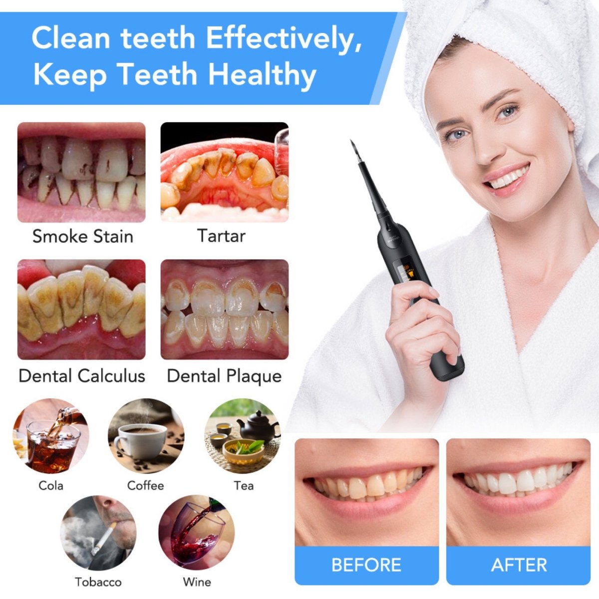 Electric Ultrasonic Dental Tartar Plaque Calculus Tooth Remover Set Kits Cleaner with LED Screen V255-TEETHCLEANER_LED