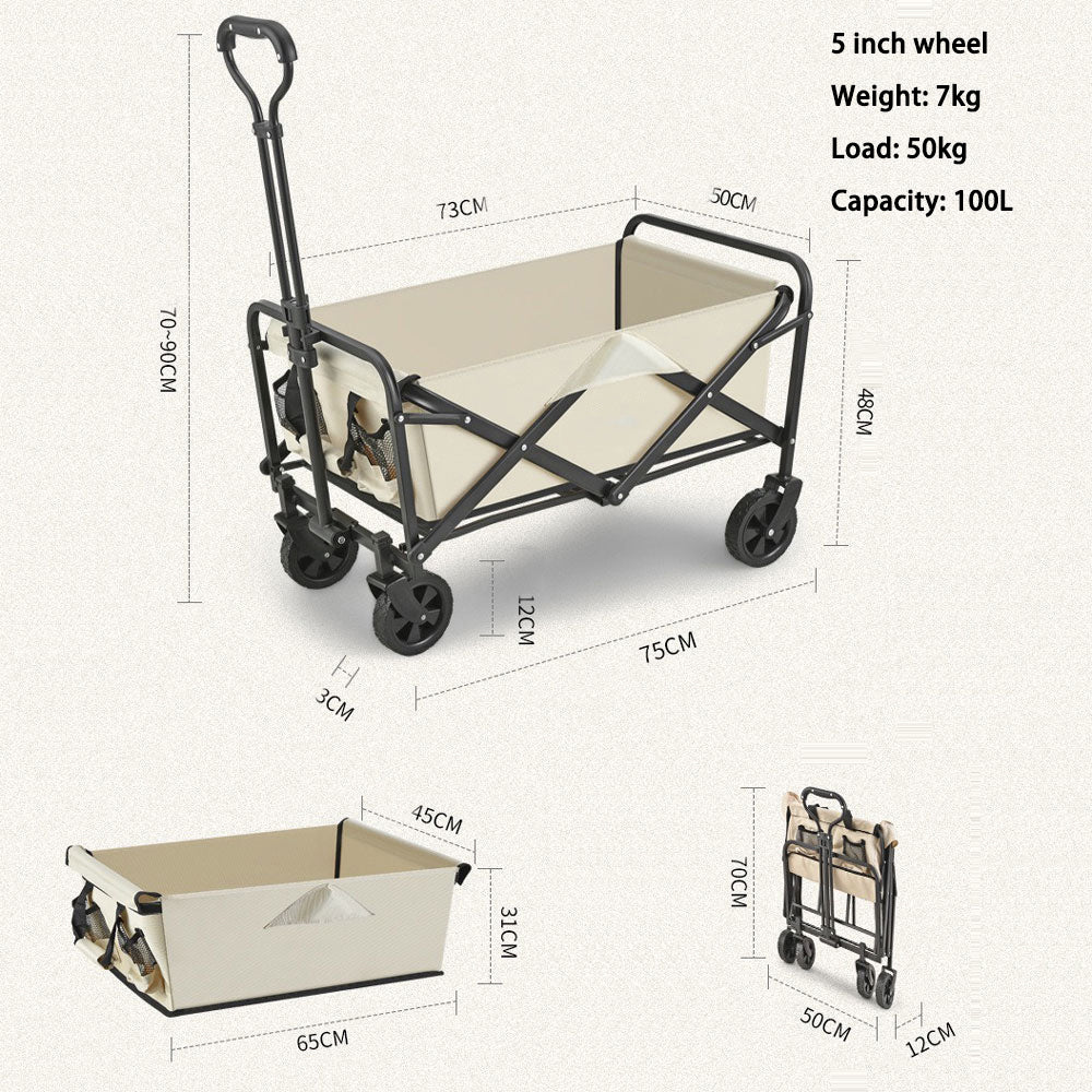 5 Inch Wheel Beige Folding Beach Wagon Cart Trolley Garden Outdoor Picnic Camping Sports Market Collapsible V255-TROLLEY-5INCH-BE