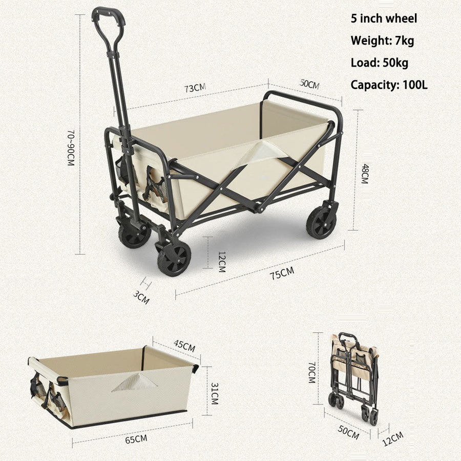 5 Inch Wheel Beige Folding Beach Wagon Cart Trolley Garden Outdoor Picnic Camping Sports Market Collapsible V255-TROLLEY-5INCH-BE