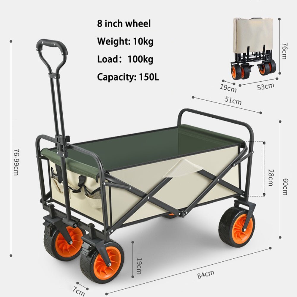8 Inch Wheel Black Folding Beach Wagon Cart Trolley Garden Outdoor Picnic Camping Sports Market Collapsible V255-TROLLEY-8INCH-BK