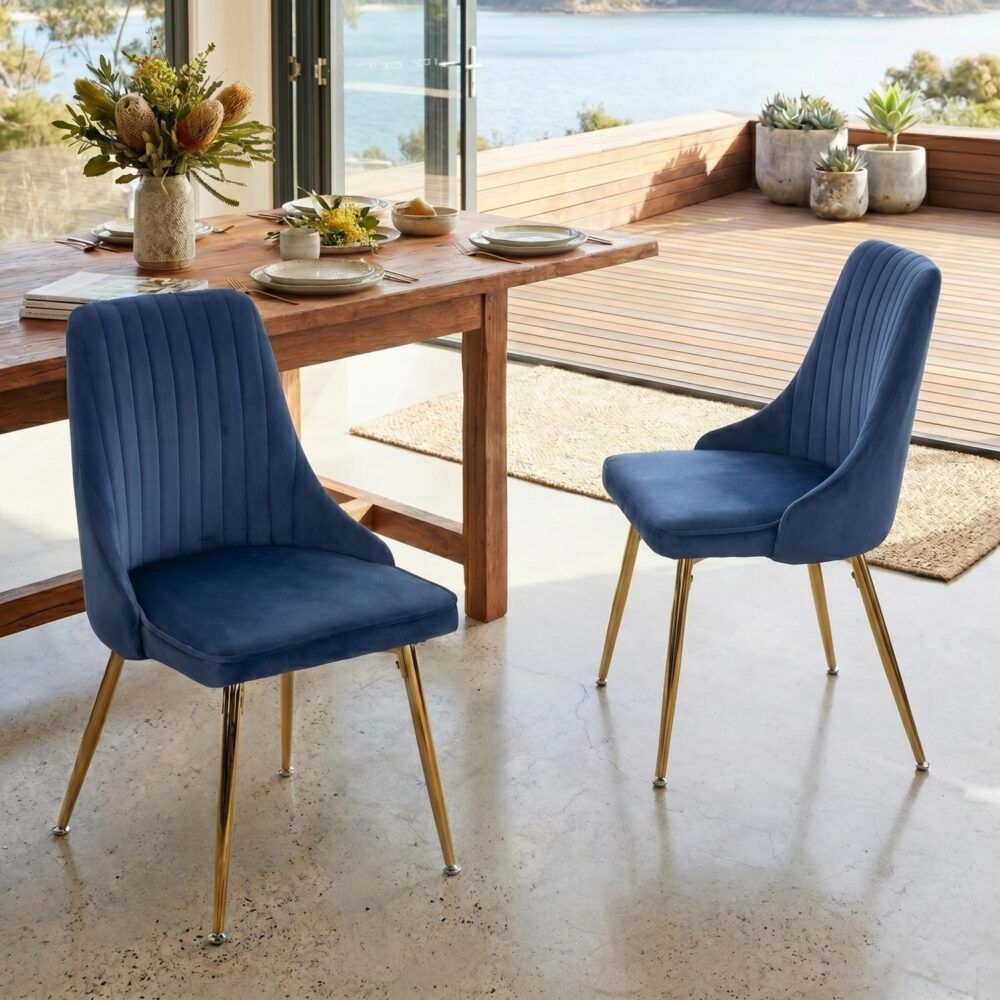 Viva Forever Set of 2 Blue Velvet Dining Chairs - Art Deco Design with Gold Metal Legs V264-DNC-414V-BLU-02-1