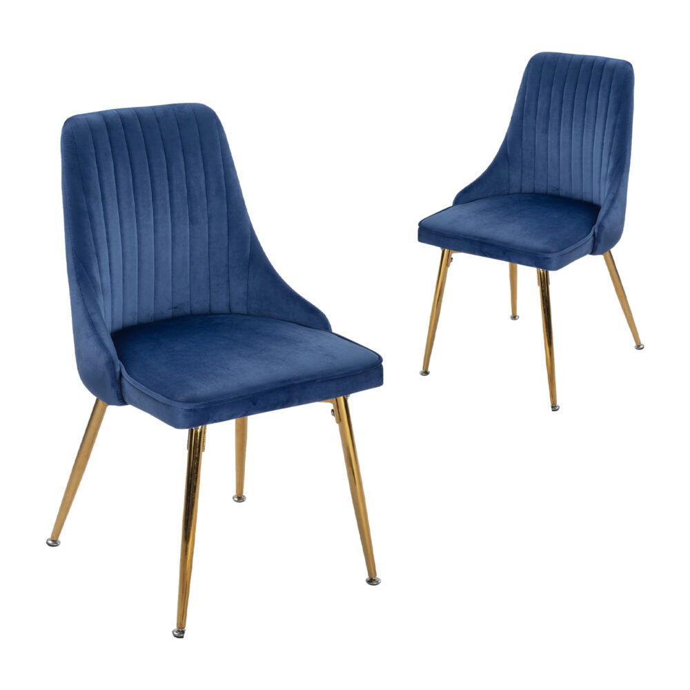 Viva Forever Set of 2 Blue Velvet Dining Chairs - Art Deco Design with Gold Metal Legs V264-DNC-414V-BLU-02-1
