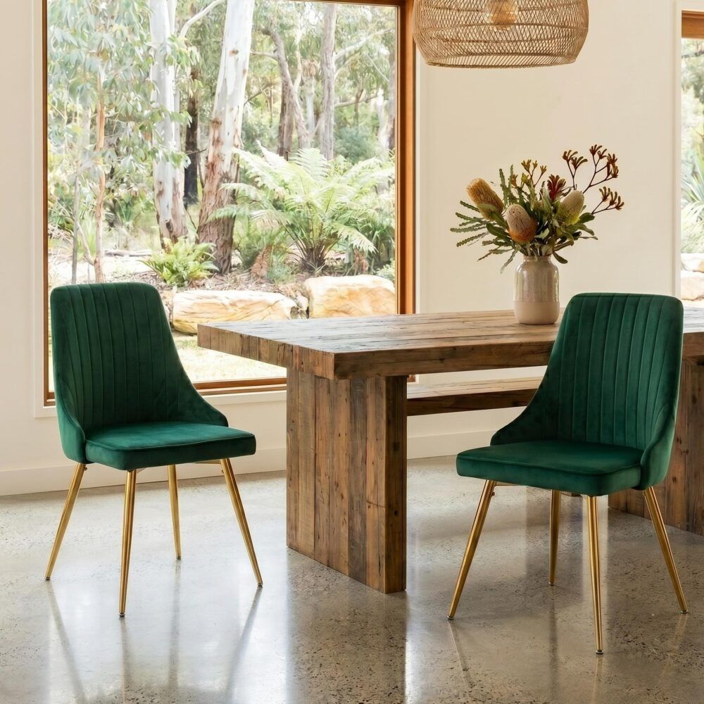 Viva Forever Set of 2 Green Velvet Dining Chairs-Art Deco Design with Gold Metal Legs V264-DNC-414V-GRN-02-1