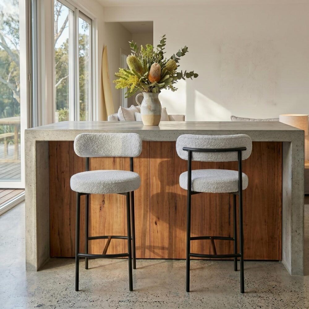Sleek White Quartz Metal Boucle Elsa Bar Stools V264-DNC-417B-MCR-02-1