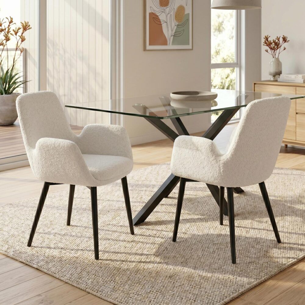 Boucle – teddy Sherpa Fabric Bliss Armrest Dining Chair Ensemble V264-DNC-420V-WHE-02-1