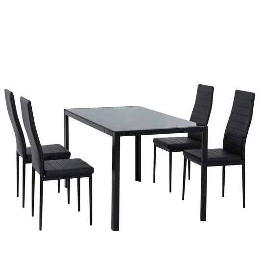 5PC Indoor Dining Table and Chairs Dinner Set Glass Leather Kitchen-Black V264-DNT-401S-BLK-1M-DNC-404S-BLK-04