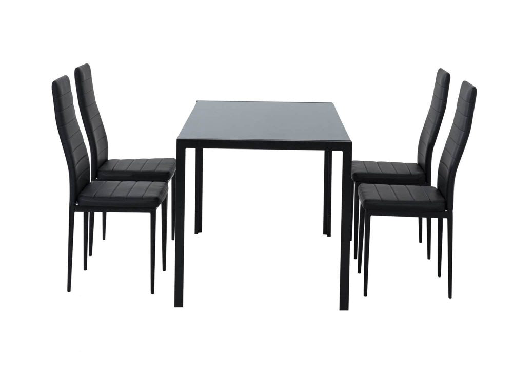 5PC Indoor Dining Table and Chairs Dinner Set Glass Leather Kitchen-Black V264-DNT-401S-BLK-1M-DNC-404S-BLK-04