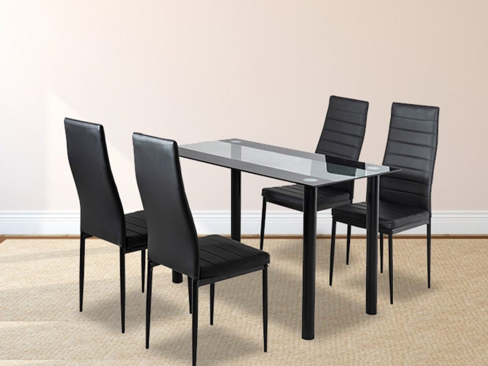 5PC Indoor Dining Table and Chairs Dinner Set Glass Leather Kitchen-Mix Black V264-DNT-403S-BLK-1.2M-DNC-404S-BLK-04