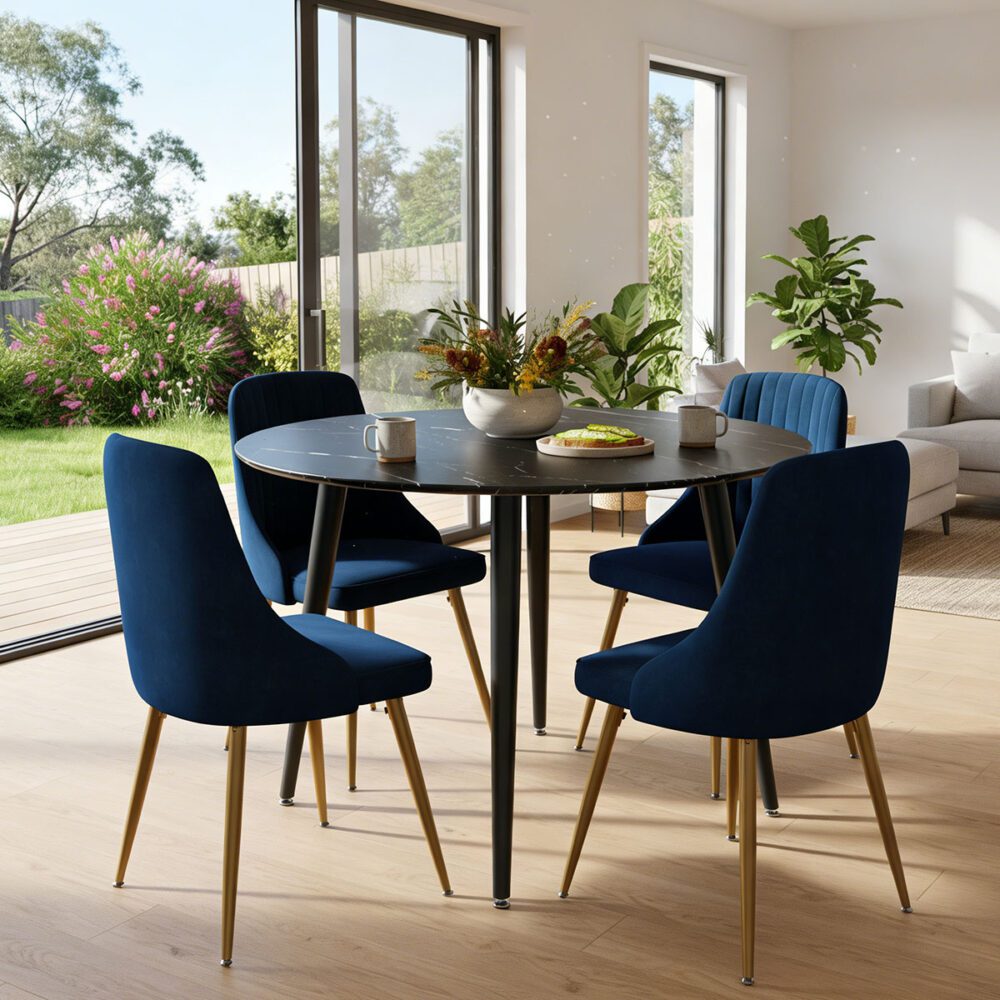 Blue Velvet Bistro Dining Set V264-DNT-405-BLK-DNC-414V-BLU-4