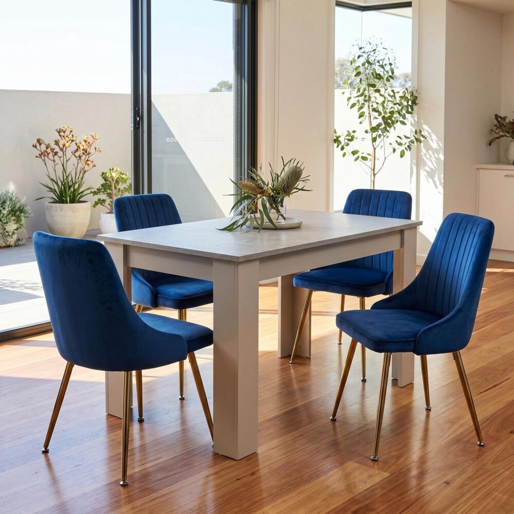 Grey Rectangular Dining Table with 4x Blue Velvet Chairs V264-DNT-409C-LGR-DNC-414V-BLU-4