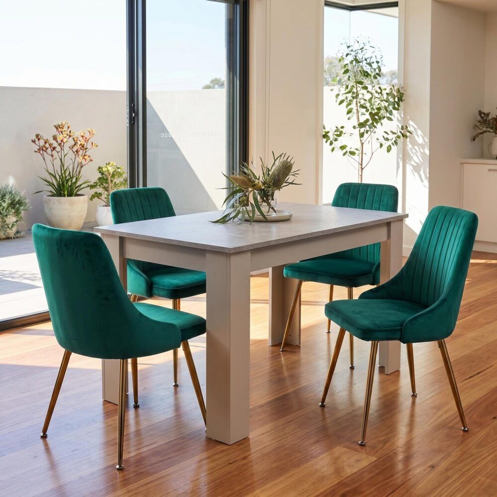 Grey Rectangular Dining Table with 4x Green Velvet Chairs V264-DNT-409C-LGR-DNC-414V-GRN-4