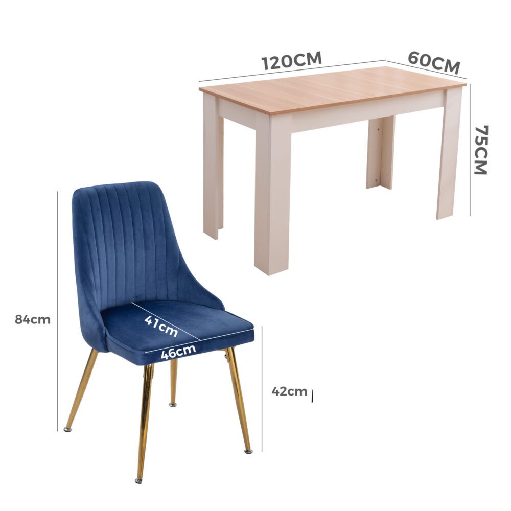 Natural Rectangular Dining Table with 4x Blue Velvet Chairs V264-DNT-409C-NTR-DNC-414V-BLU-4